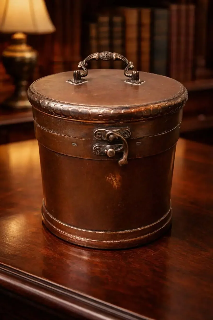 Round Wooden Storage Box with Metal Accents